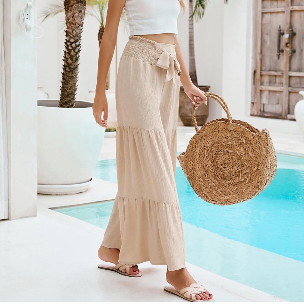 Smocked Waist Wide-Leg Tiered Pants in Beige
